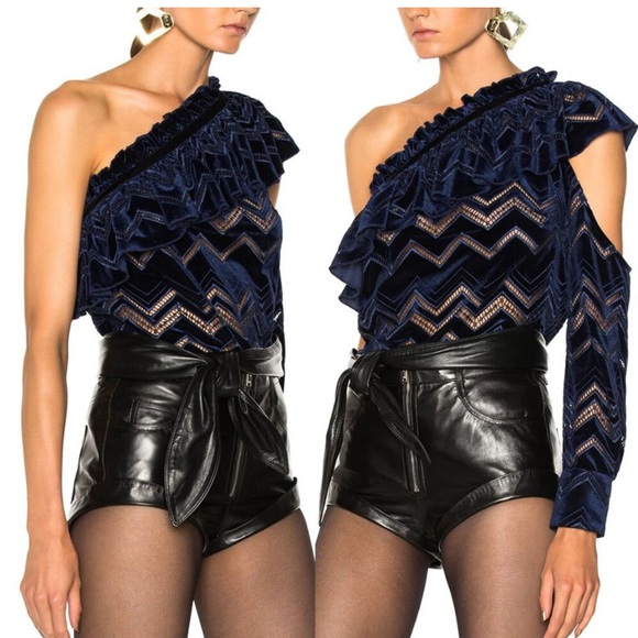 Self-Portrait Zig Zag Embroidered Velvet Top US 4 Navy One Shoulder Ruffle - Picture 2 of 8